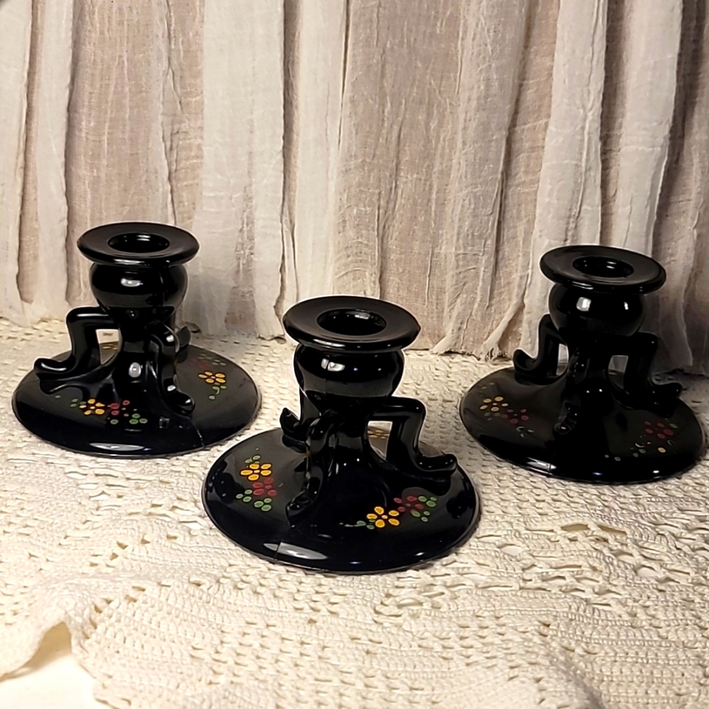 Vintage L.E. Smith Black Amethyst Glass Three-Legged Candle Holders Set Of 3